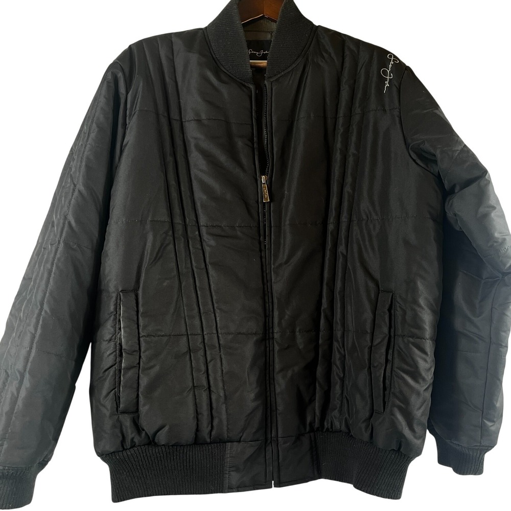 Mens Black Quilted Puffer Bomber Jacket L Full Zip Ribbed Trim Streetwear Winter